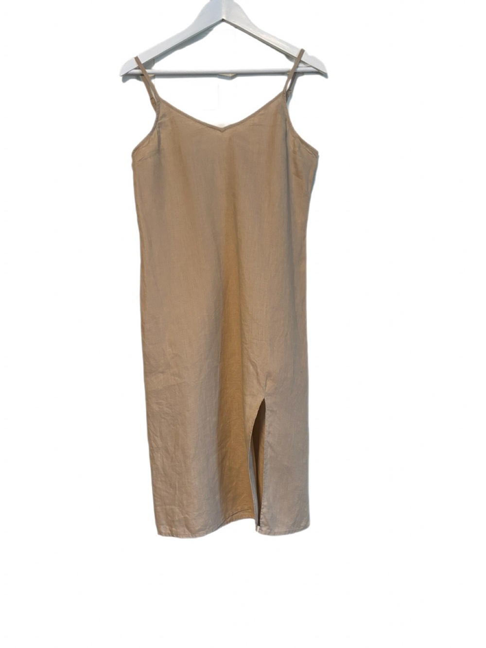 RACHEL ZOE Oxford Tan Linen Strappy Side Slit Midi Dress Size 10 US